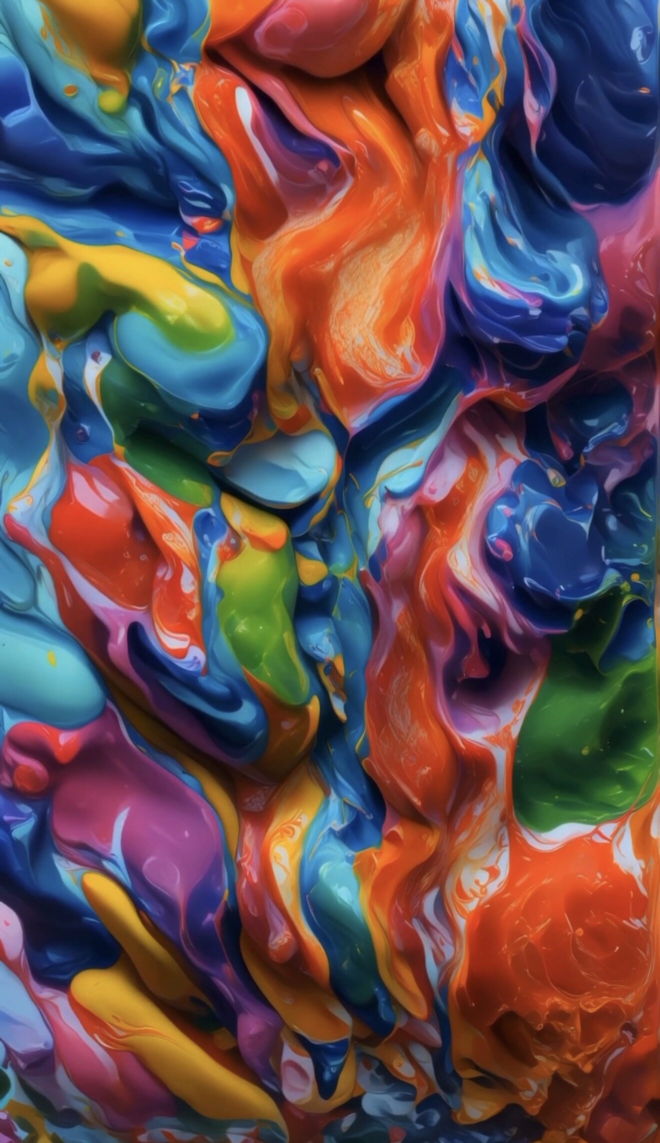 A dense swirl of brightly coloured paint — blues, oranges, greens and pinks folding into one another.