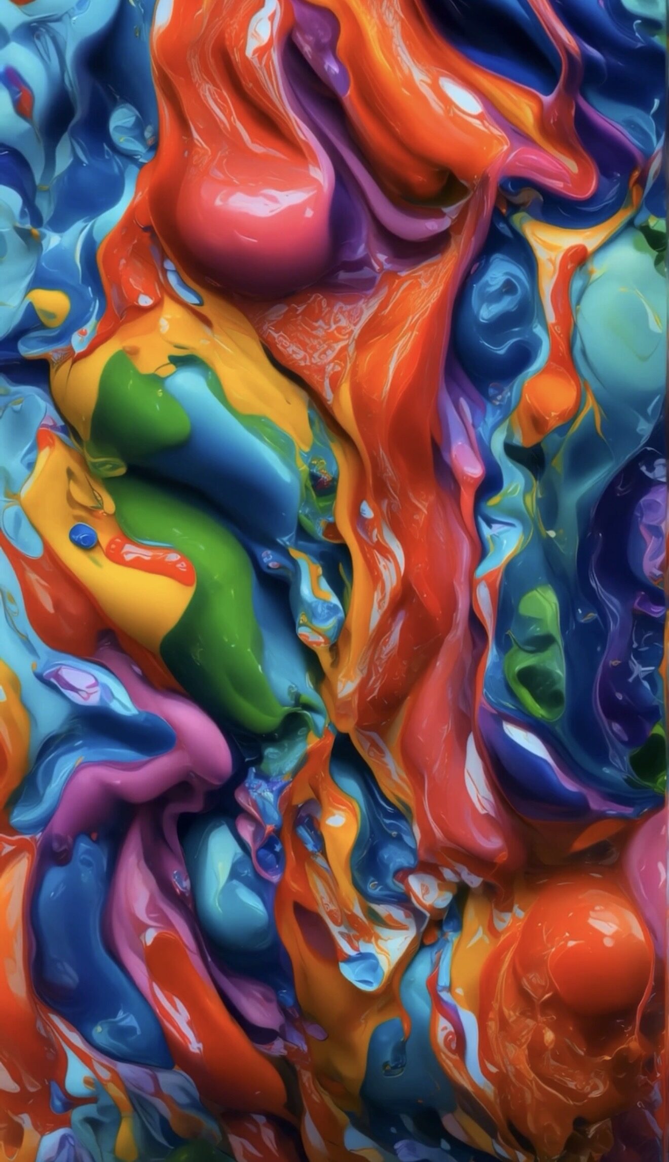 Thick ribbons of red, green, blue and yellow paint curling across the frame.
