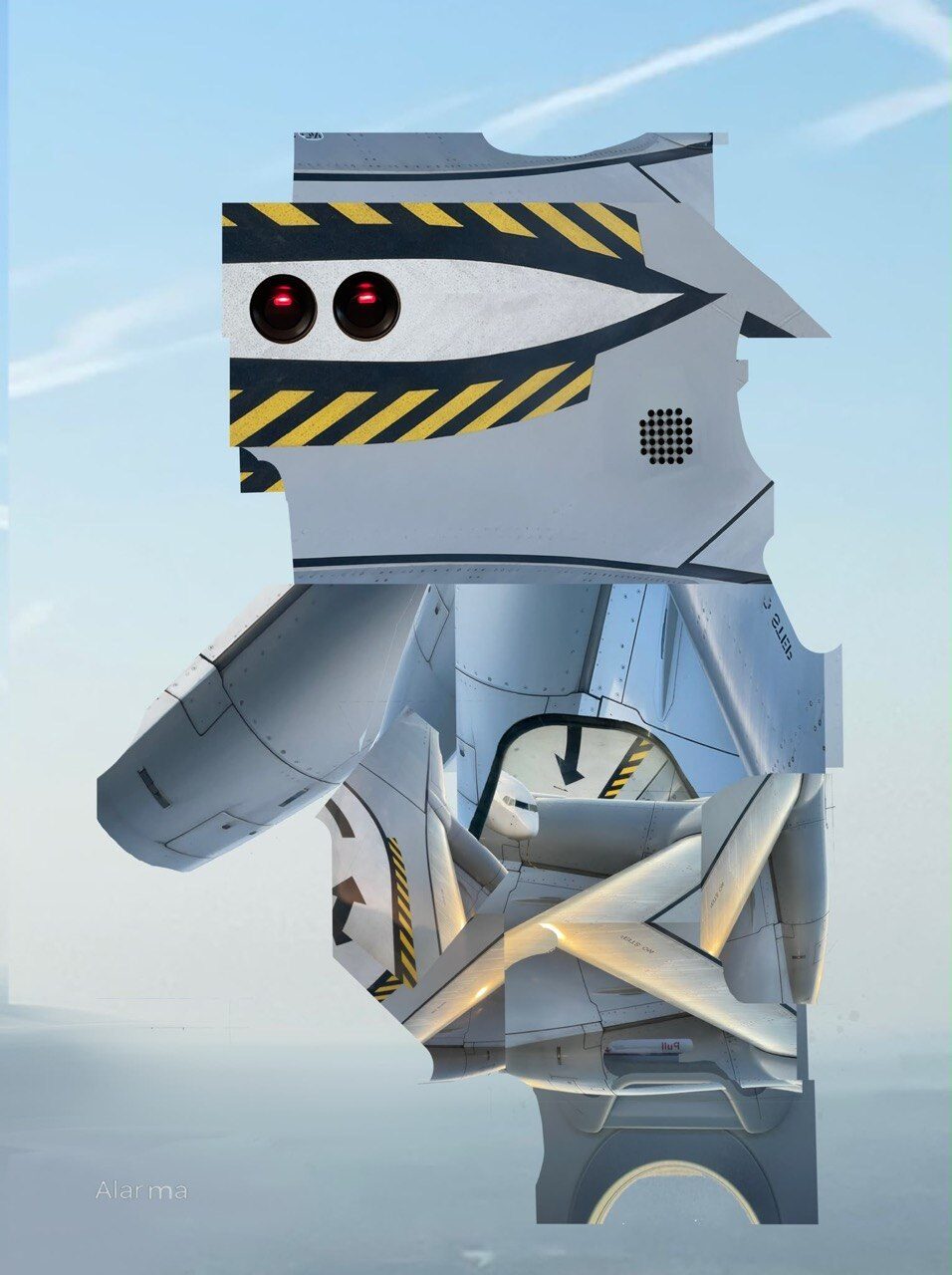 A figure assembled from sliced aircraft fuselage panels against a pale sky, two red lenses for eyes, captioned “Alarma”.