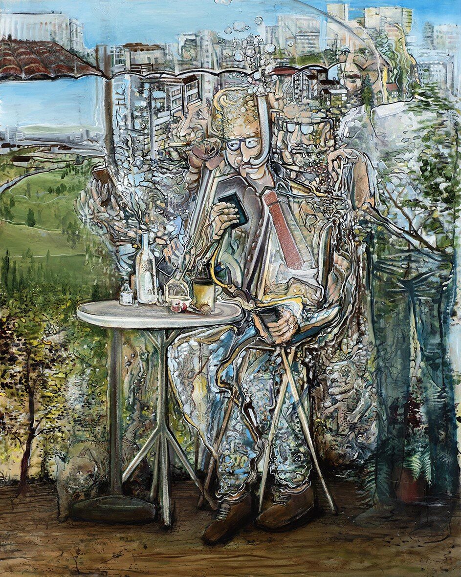 A painting in layered translucent outlines, figures and objects overlapping across the canvas.