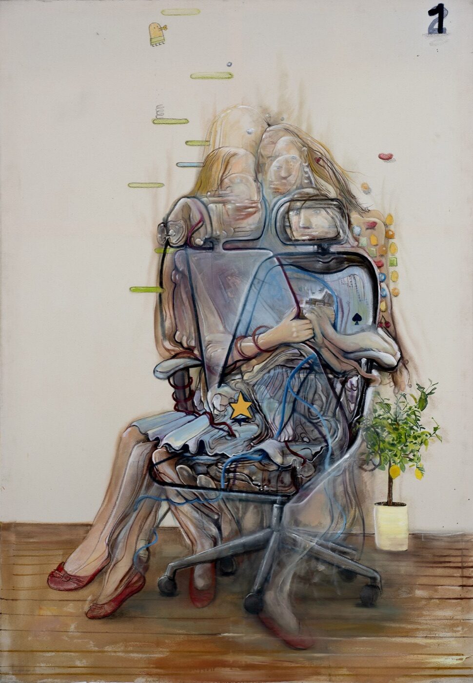 A painting of a figure seated in an office chair, drawn in layered translucent outlines against a pale ground.
